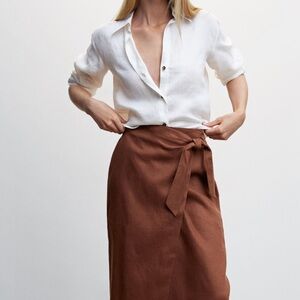 Mango Linen Brown Midi Wrap Skirt